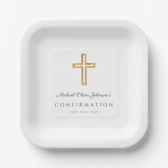 Navy Blue Religious Cross Boy Confirmation Paper Plate (Front)