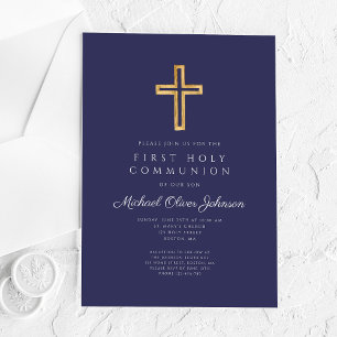 Navy Blue Religious Cross Boy First Communion Acrylic Invitations
