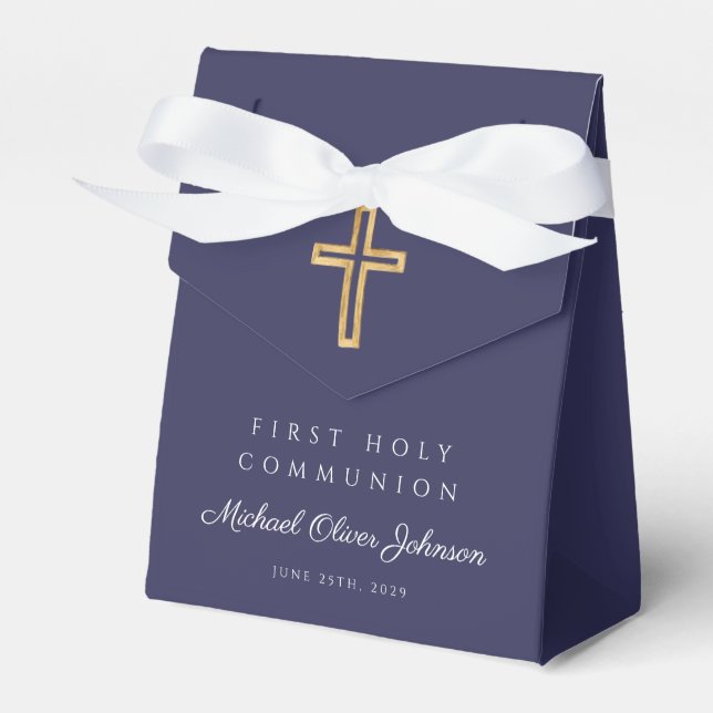 Navy Blue Religious Cross Boy First Communion Favour Box (Front Side)