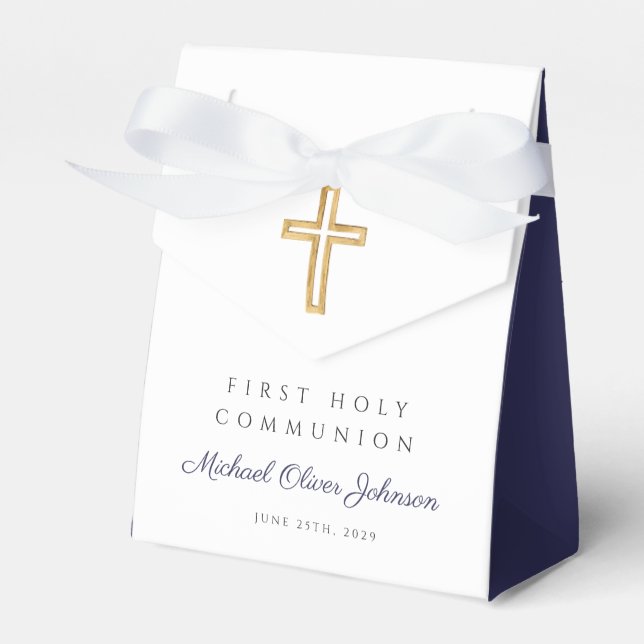Navy Blue Religious Cross Boy First Communion Favour Box (Front Side)