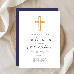 Navy Blue Religious Cross Boy First Communion Invitation