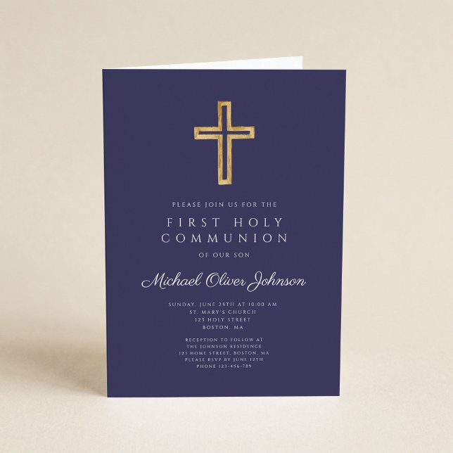 Navy Blue Religious Cross Boy First Communion Invitation (Navy Blue Religious Cross Boy First Communion Invitation)