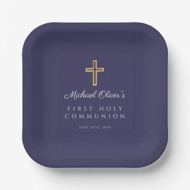 Navy Blue Religious Cross Boy First Communion Paper Plate (Front)