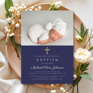 Navy Blue Religious Cross Photo Boy Baptism Invitation