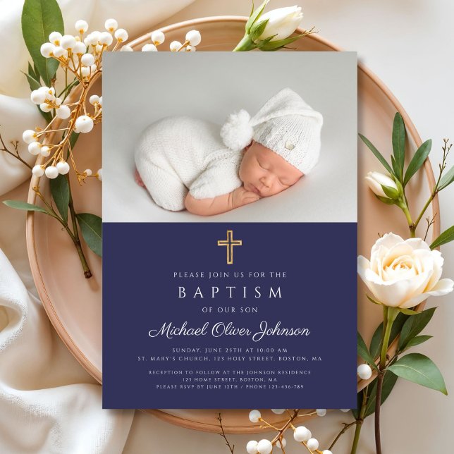 Navy Blue Religious Cross Photo Boy Baptism Invitation (Navy Blue Religious Cross Photo Boy Baptism Invitation)