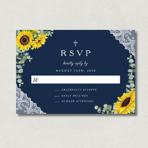 Navy Blue Religious Cross Sunflower Wedding RSVP Card