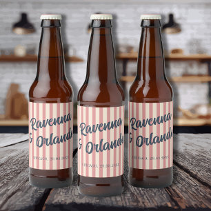 Navy Blue Retro Blush Pink Stripes Wedding Beer Bottle Label