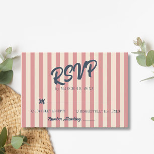 Navy Blue Retro Blush Pink Stripes Wedding RSVP Card