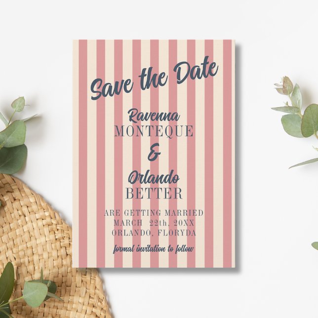 Navy Blue Retro Blush Pink Stripes Wedding Save The Date (Creator Uploaded)