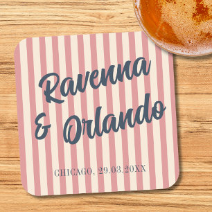 Navy Blue Retro Blush Pink Stripes Wedding Square Paper Coaster