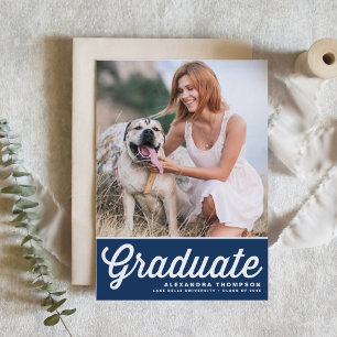 Navy Blue Retro Bold Typography Photo Graduation Invitation