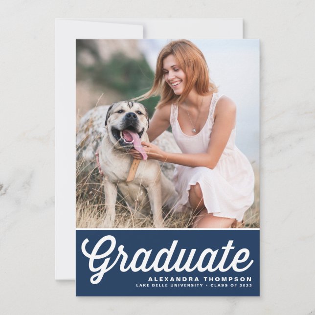 Navy Blue Retro Bold Typography Photo Graduation Invitation (Front)