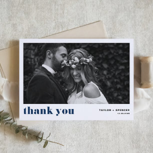 Navy Blue Retro Bold Typography Photo Wedding Thank You Card
