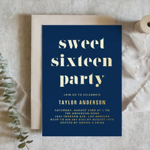 Navy Blue Retro Bold Typography Sweet 16 Birthday