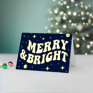 Navy Blue Retro Groovy Merry & Bright Christmas Foil Holiday Card