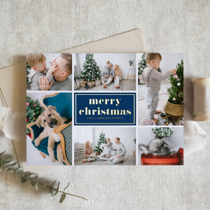 Navy Blue Retro Merry Christmas Photo Collage  Foil Holiday Card