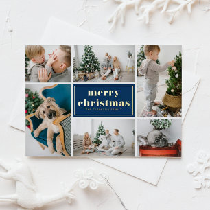 Navy Blue Retro Merry Christmas Photo Collage Foil Holiday Postcard