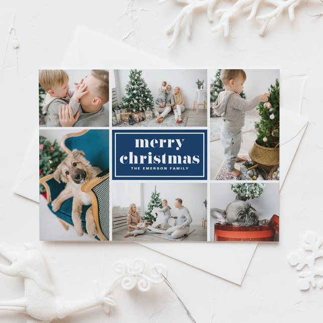 Navy Blue Retro Merry Christmas Photo Collage  Holiday Card (Creator Uploaded)