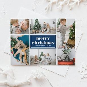 Navy Blue Retro Merry Christmas Photo Collage  Holiday Postcard