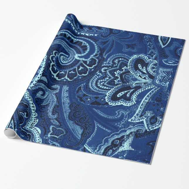 Navy Blue Retro Paisley Bandanna/Bandanna Wrapping Paper (Unrolled)