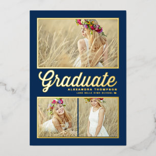 Navy Blue Retro Script Photo Collage Graduation
