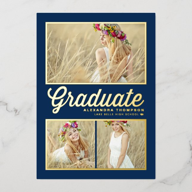 Navy Blue Retro Script Photo Collage Graduation (Front)