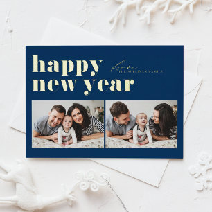 Navy Blue Retro Typography Photo Happy New Year Foil Holiday Postcard