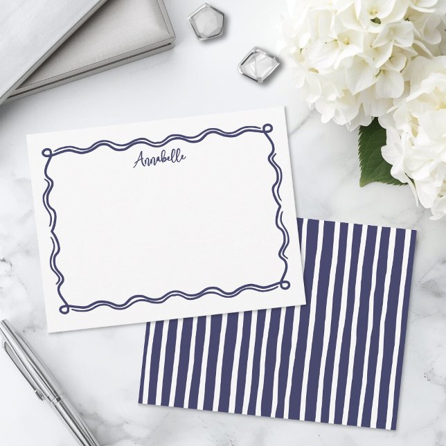 Navy Blue Retro Wavy Border Personalised Card (Navy Blue Retro Wavy Border Personalized Note Card )