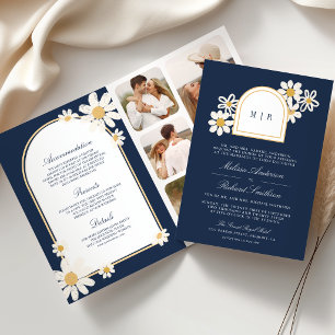 Navy Blue Retro Yellow Daisy All in One Wedding Invitation
