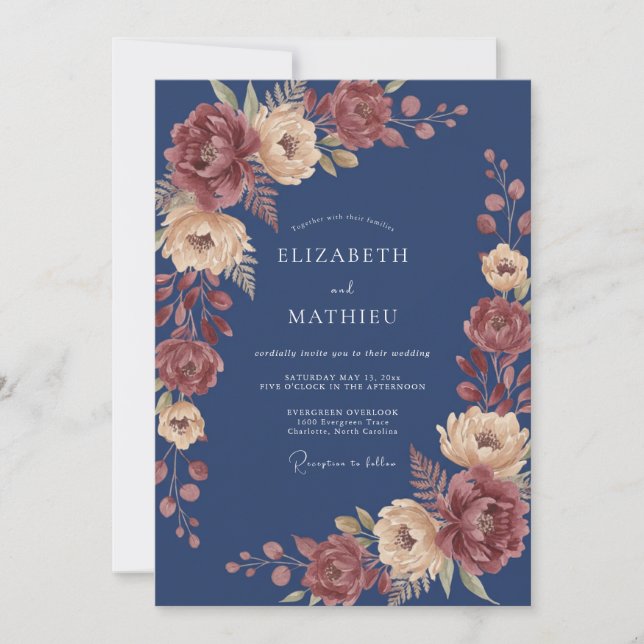 Navy Blue Rich Autumnal Wedding Invitation (Front)