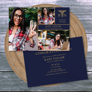 Navy Blue RN Nursing 3 Photo Graduation Party Invitation