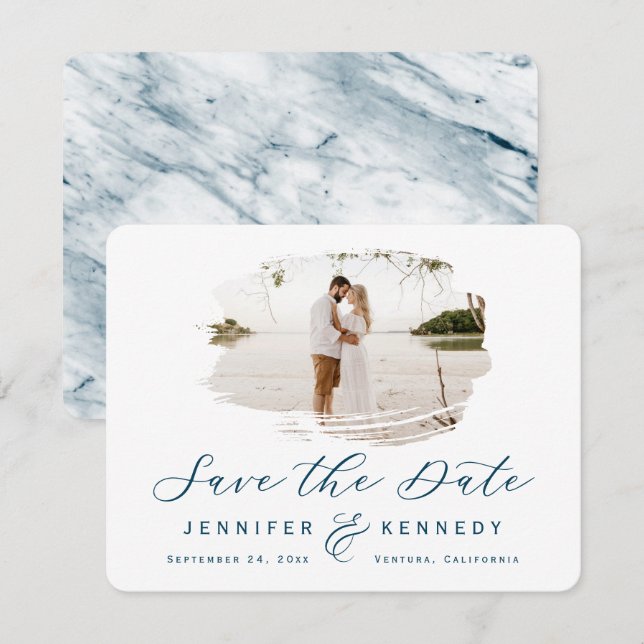 Navy Blue Romantic Brushed Frame with Photo Save The Date (Front/Back)