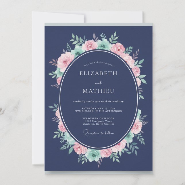 Navy Blue Romantic Floral Wreath Wedding Invitation (Front)