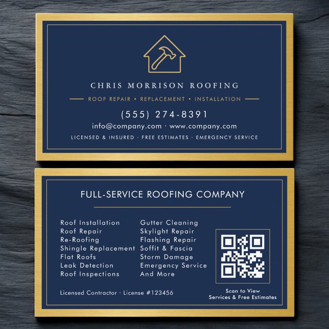 Navy Blue Roofing Construction Services Metallic Business Card (Creator Uploaded)