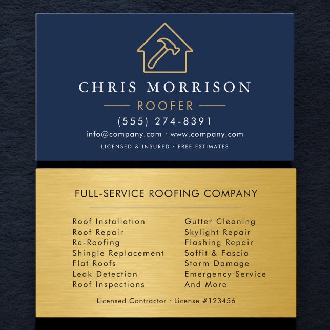Navy Blue Roofing Professional Gold Metallic Business Card (Creator Uploaded)