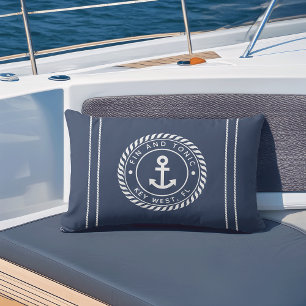 Navy Blue Rope & Anchor Boat Name Outdoor Pillow
