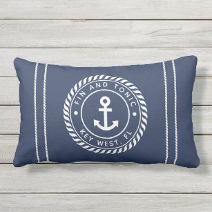 Navy Blue   Rope & Anchor Boat Name Outdoor Pillow