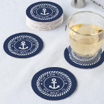 Navy Blue Rope & Anchor Boat Name Round Paper Coaster<br><div class="desc">Add a cool custom touch to your fishing boat,  sailboat,  yacht,  or houseboat with these personalised coasters. Classic nautical design in navy blue and white features your boat name and ship's registry curved inside a rope logo badge with an anchor illustration in the centre.</div>