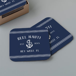Navy Blue Rope & Anchor Boat Name Square Paper Coaster