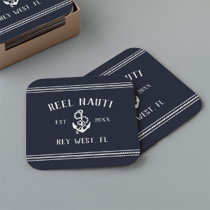 Navy Blue Rope & Anchor Boat Name Square Paper Coaster