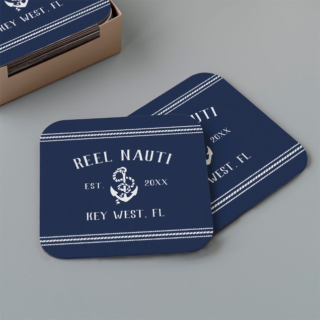 Navy Blue Rope & Anchor Boat Name Square Paper Coaster (Creator Uploaded)