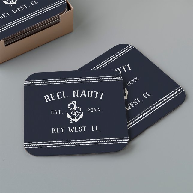Navy Blue Rope & Anchor Boat Name Square Square Paper Coaster (Creator Uploaded)
