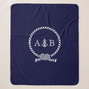 Navy Blue Rope and Anchor Monogrammed Sherpa Blanket