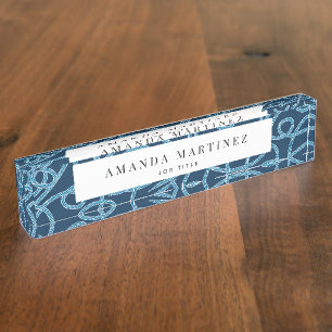 Navy Blue Rope Pattern Nautical Desk Name Plate