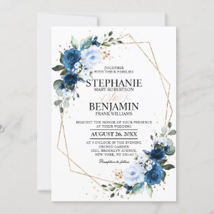 Navy Blue Rose Boho Geometric Wedding Invitation