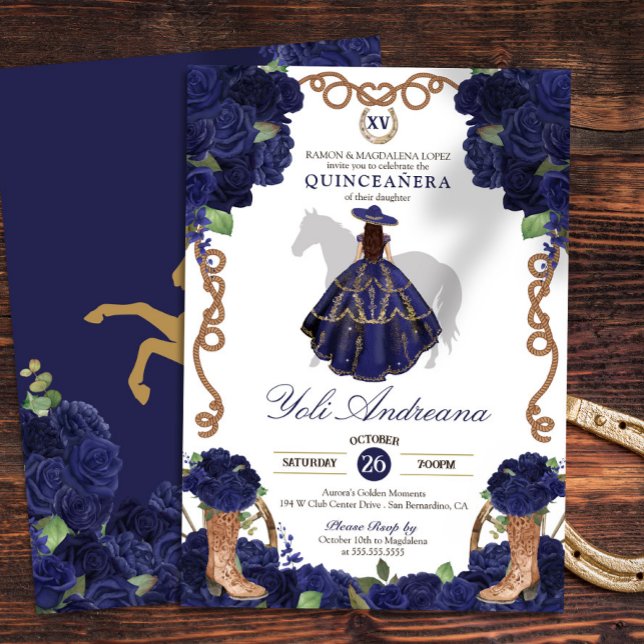 Navy Blue Rose Boots Charro Vestidos Quince Anos  Invitation (Creator Uploaded)