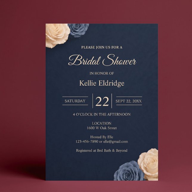 Navy Blue Rose Bridal Shower Invitation (Creator Uploaded)