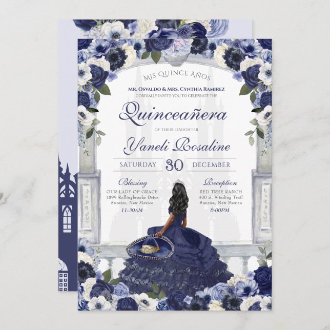 Navy Blue Rose Elegant Charro Princess Quinceanera Invitation (Front/Back)