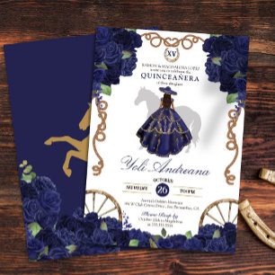 Navy Blue Rose Floral Country Western Quinceanera Invitation