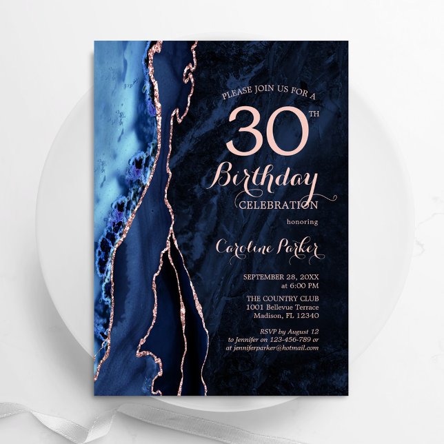 Navy Blue Rose Gold Agate 30th Birthday Invitation (Creator Uploaded)